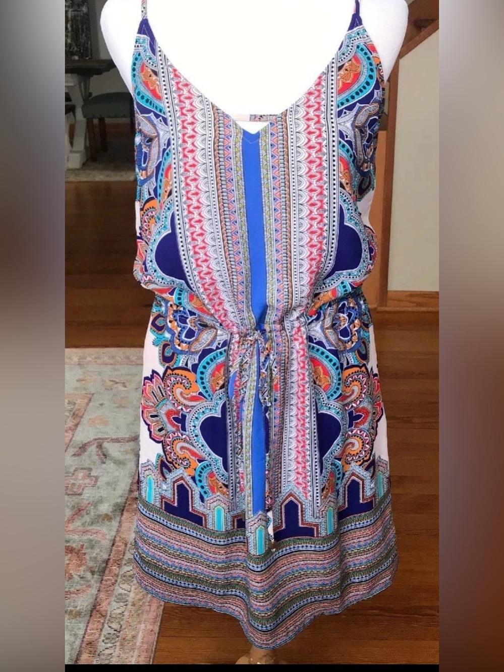 Lucy & Laurel Anthropology Sleeveless Midi Dress in Blue, Coral & Turquoise